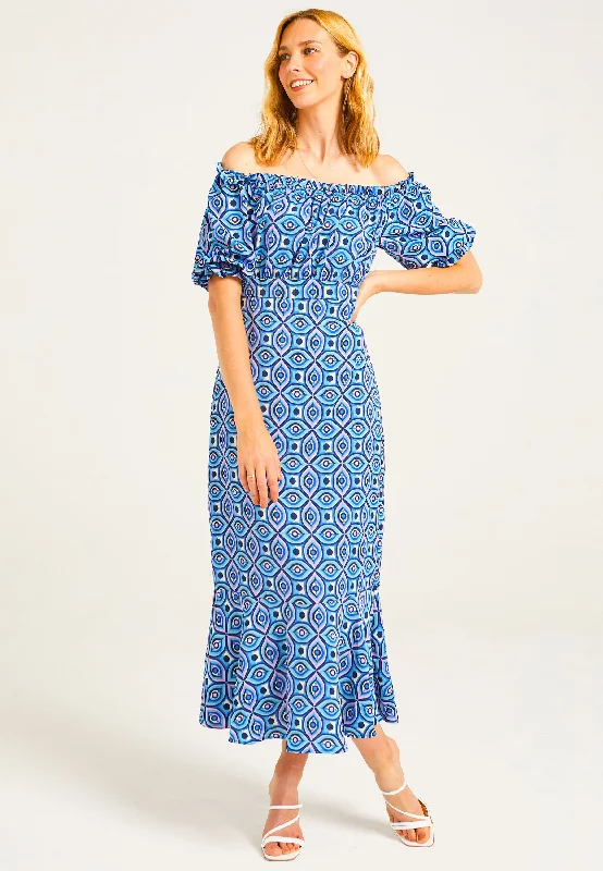 Clearance Sale Online Geometric Print Midaxi Tea Dress in Blue