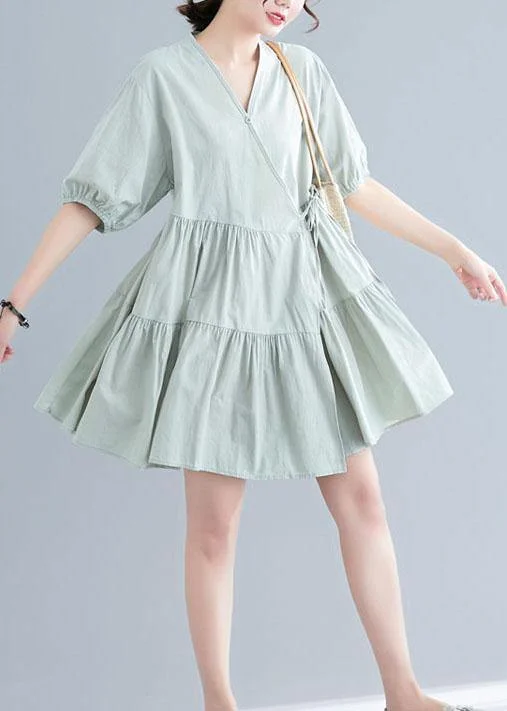 Women Wear Brands Women Green Short Sleeve A Line Dress Cotton