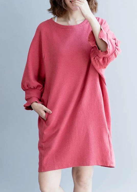 High-Quality Women's Fashion Dresses Bohemian dark pink Cotton clothes lantern sleeve oversized fall Dresses