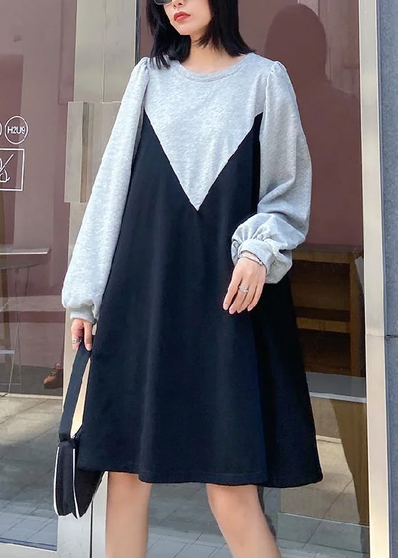 Fashion Sale 100% gray Robes o neck patchwork black long Dress