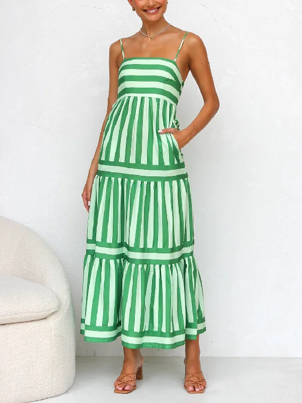 Get The Latest Trends Suspender Open Back Striped Graceful Positioning Print Pocket Midi Dress