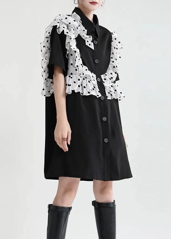 Trendy Women's Wear Women Black Ruffles Patchwork Summer Button Party Dress Short Sleeve