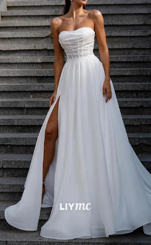 Exclusive Discount LW854 - Straight Across Sleeveless High Slit A-Line Pleated Beach Wedding Dress