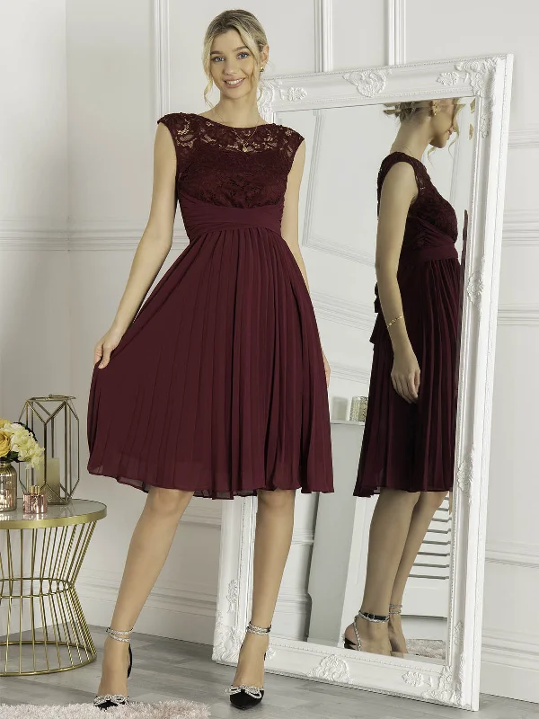 Casual Women's Clothing Cindy Lace Bodice Pleated Dress, Burgundy