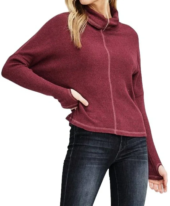 Stylish Everyday Clothing Camryn Ribbed Turtleneck Dolman Sleeve Top In Wine