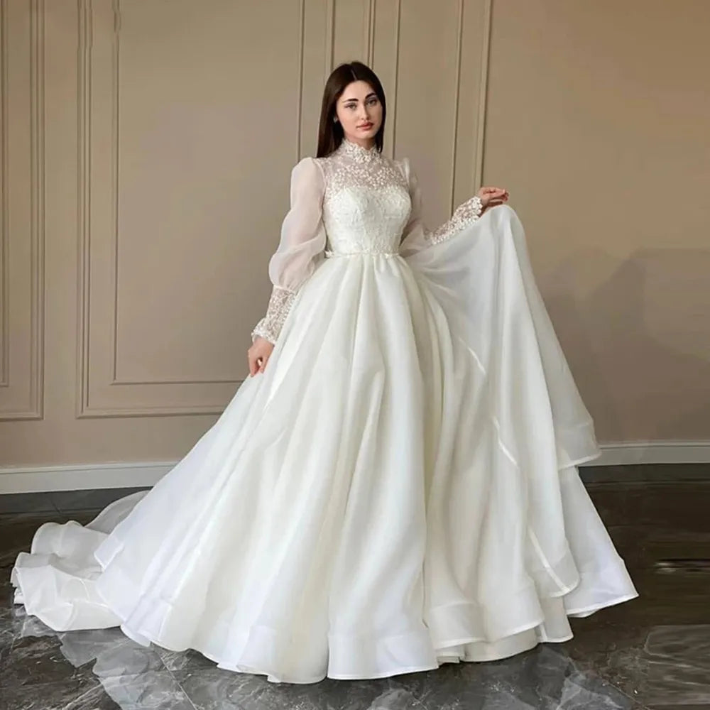 Women's Trendy Outfits Gorgeous High Collar Elegant A Line Wedding Dress Lace Puff Long Sleeves High Neck Korea Wedding Bridal Gowns Robe de mariage