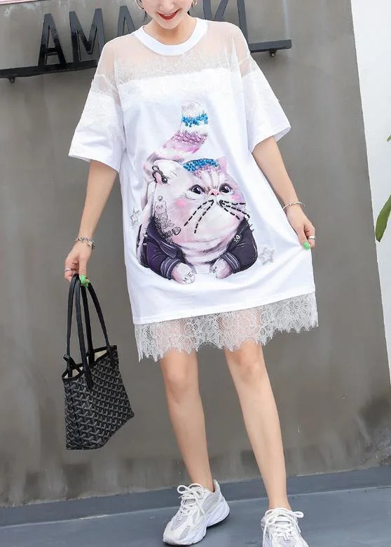 Fresh Styles, Fresh Deals Women Cartoon print Cotton Tunics Inspiration white patchwork lace Dresses summer