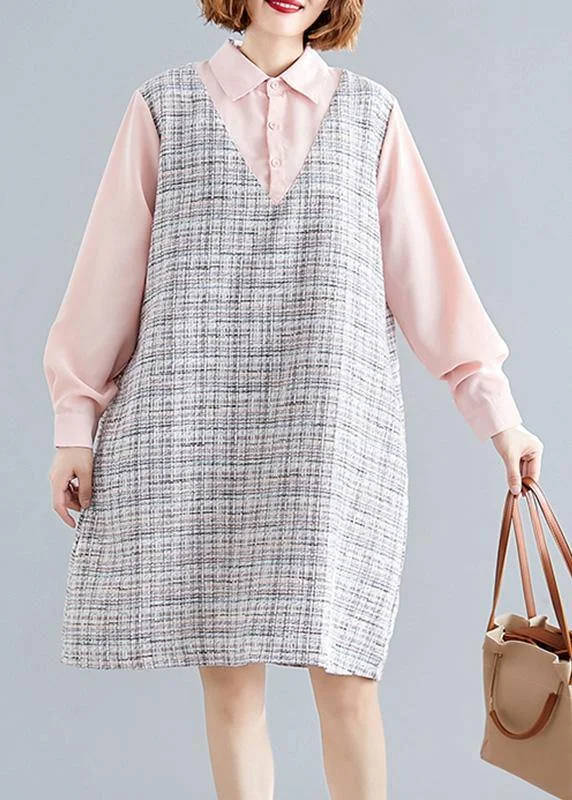 Fashion Sale Art pink patchwork Plaid linen clothes For Women long sleeve false two pieces shift fall Dress