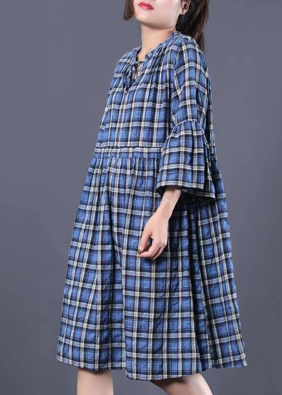 Boutique Dress Online Loose blue plaid cotton tunic dress v neck A Line summer Dress