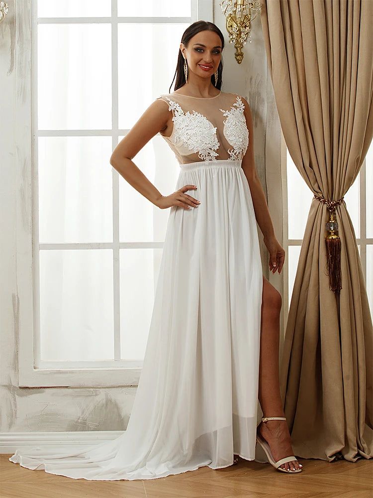 Unleash Your Trendy Side Boho Chiffon Wedding Dresses Appliques Lace O-Neck Sexy  A-Line Bridal Gown Sweep Train Vestidos De Novia