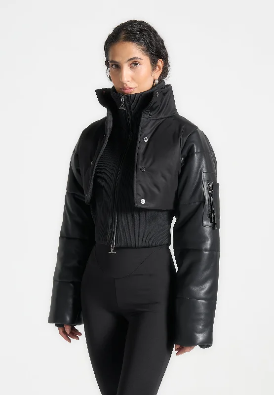 Trendy Street Style Attire Leather and Nylon Layered Puffer Jacket - Black