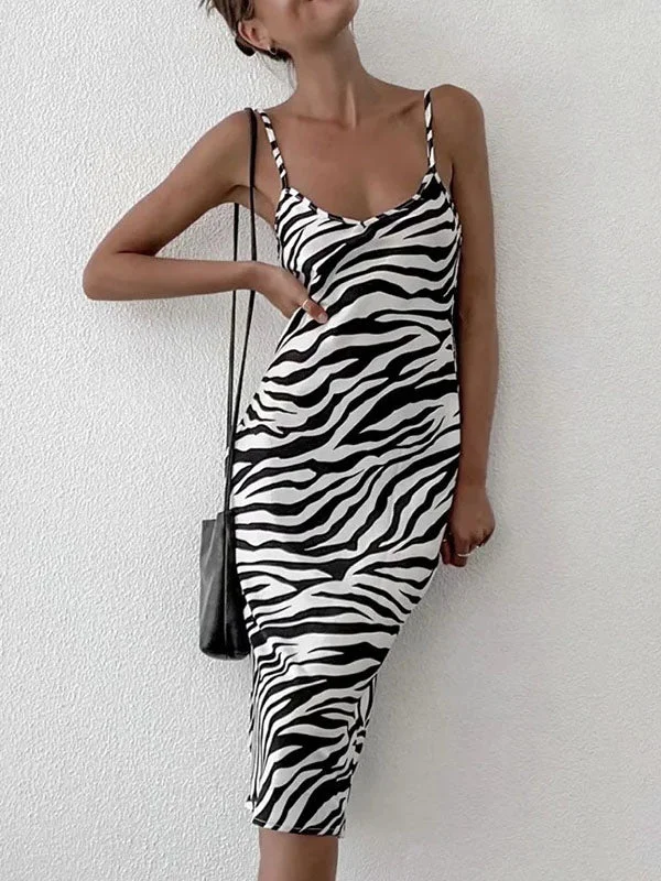 Casual Style for Busy Women Zebra Stripe Sling Midi Dress