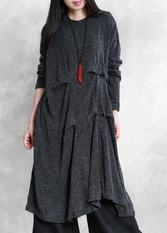 Women's Clothing Women dark gray Cotton tunic dresses metric Cinched Art Dress