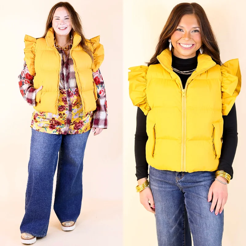 Fashion Forward, Function First All Season Long Ruffle Sleeve Puffer Vest in Mustard Yellow