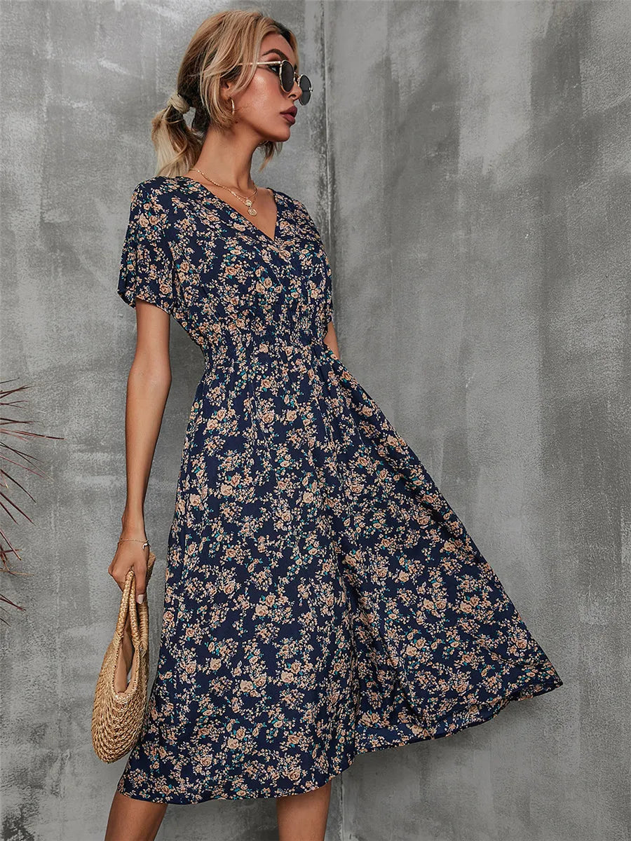 Chic Style Floral Loose Casual Short Sleeve Turn Down Collar Lace Up Midi Dress