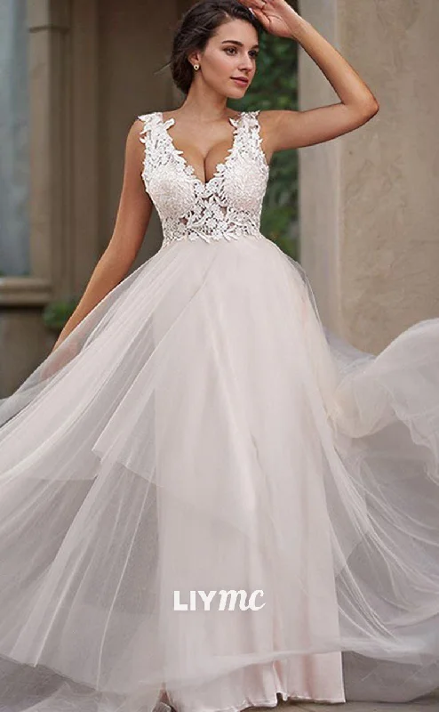 Chic Wardrobe LW640 - A-Line Princess Tulle Applique V-neck Sleeveless Sweep Train Wedding Dresses