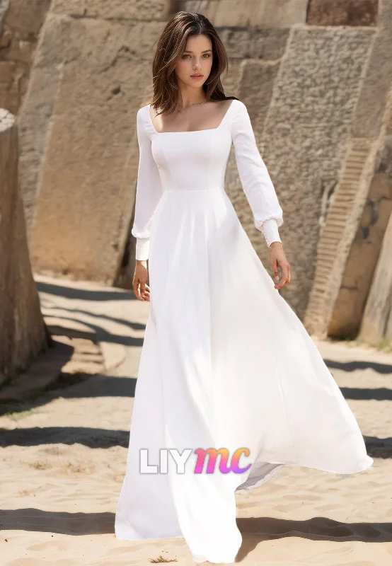 Stylish Savings Square Long Sleeves Sleek Pleated A-Line Simple Wedding Dress