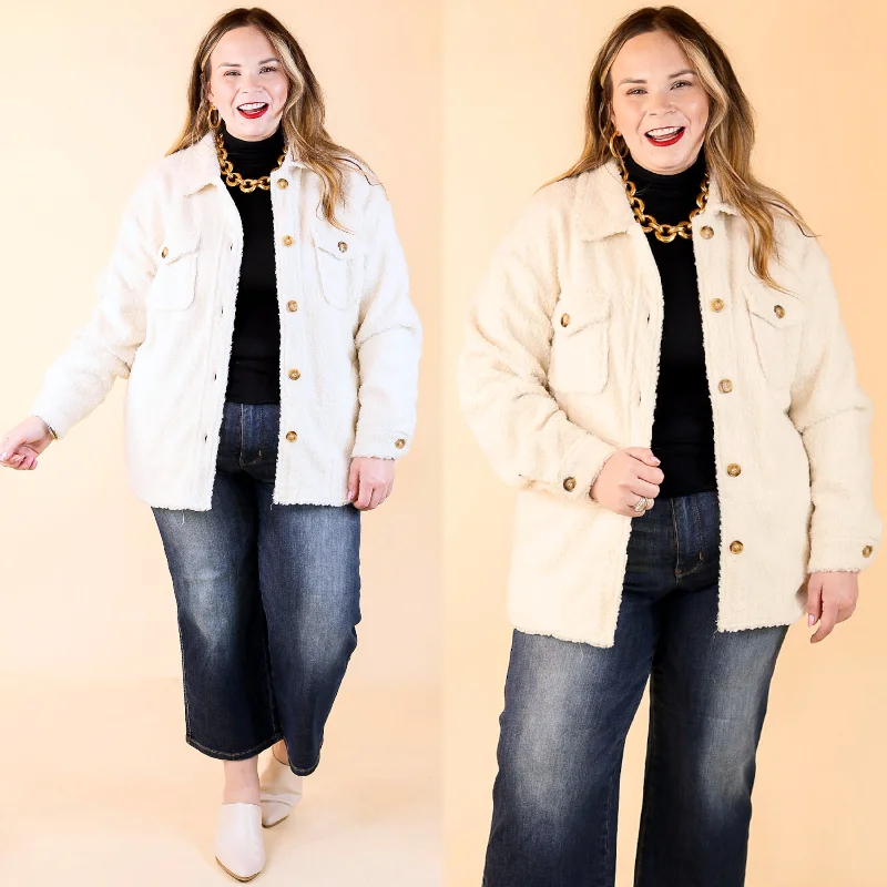 Trend Leading Collection Snowy Afternoon Button Up Sherpa Shacket in Ivory