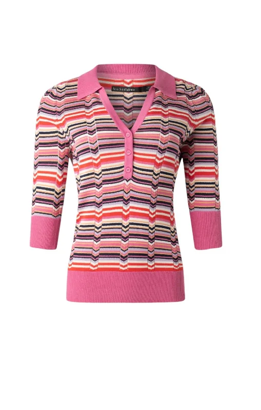 Flash Sale Online Women's V Neck Polo With Contrast Rib Sweater In Pink Multi