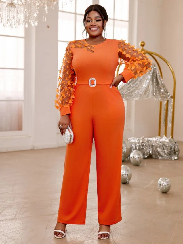 Fashion Sale AOMEIDRESS Orange Jumpsuit O Neck Sheer Long Sleeve 3D Butterfly