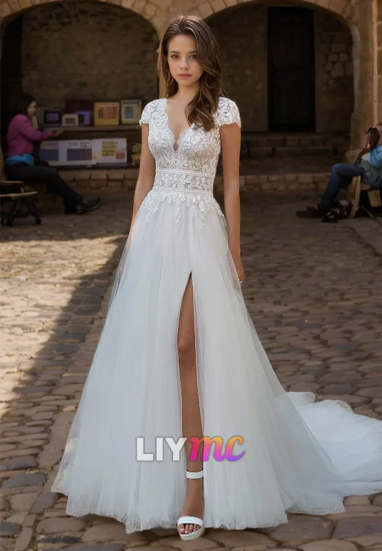 Must-Have Styles V-Neck Cap Sleeves Lace Appliques Tulle A-Line Wedding Dress