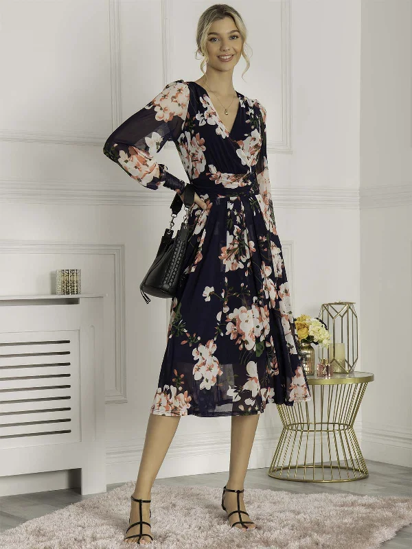 Bid Farewell To The Old Season Jasmine Long Sleeve Mesh Dress, Navy Floral