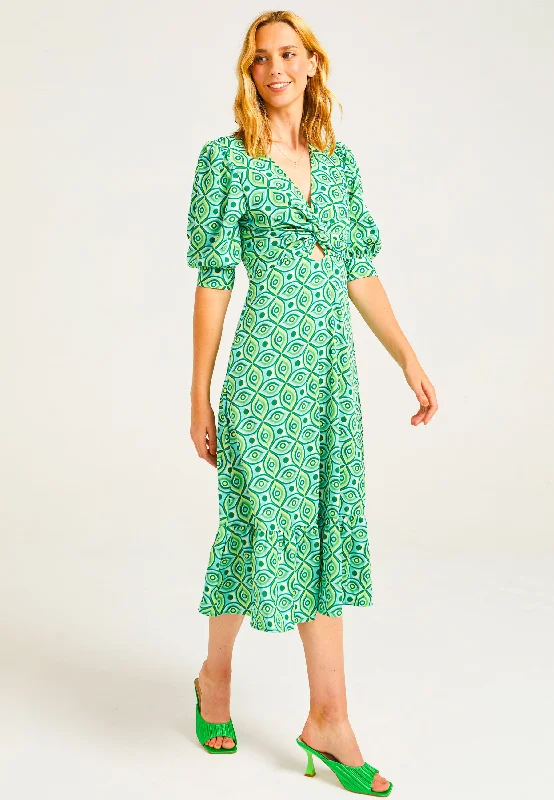 Plus Size Women's Fashion and Clothing Puff Sleeve Front Knot Midi Tea Dress in Green Geometric Print