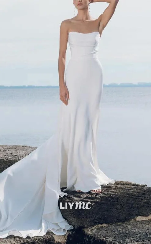 Budget-Friendly Fashion LW848 - Straight Across Sleeveless Sleek Satin Sweep Train Beach Wedding Dress