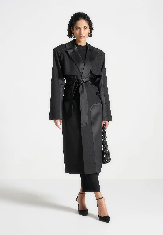 Everyday Basics Tailored Satin Trench Coat - Black