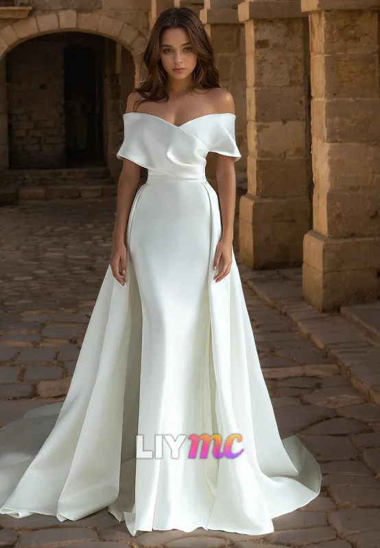 Limited Time Offers Off-Shoulder Strapless Sleek Sheath Sweep Train Wedding Dress