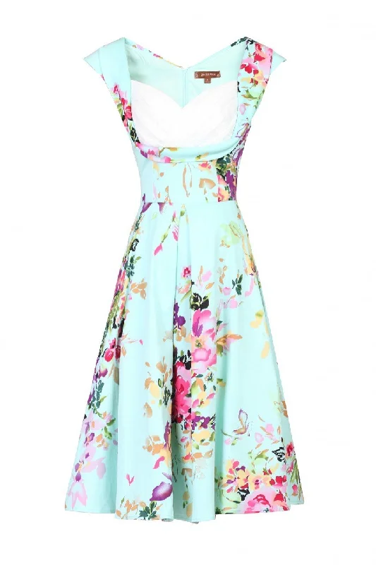 Chic Casual Wardrobe Essentials Retro Crossover Bust Swing Dress, Green Floral