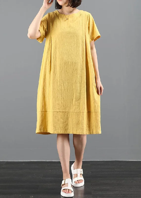 Unique Women's Fashion Pieces French o neck pockets summer dress Work Outfits yellow Dress