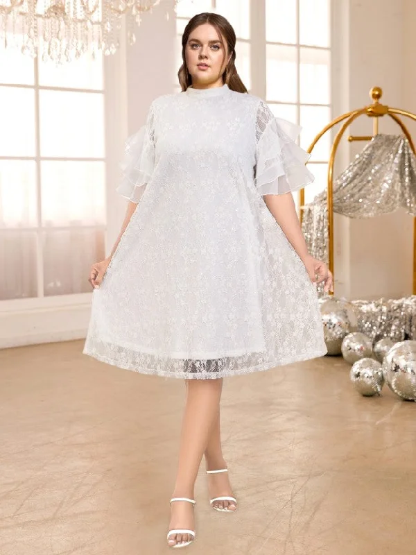 Limited Styles AOMEIDRESS White Floral Lace Loose Dress Half High Collar Ruffles