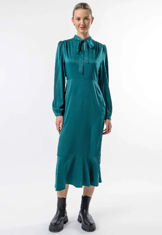 Casual Chic Tie Neck Satin Midi Dress in Green