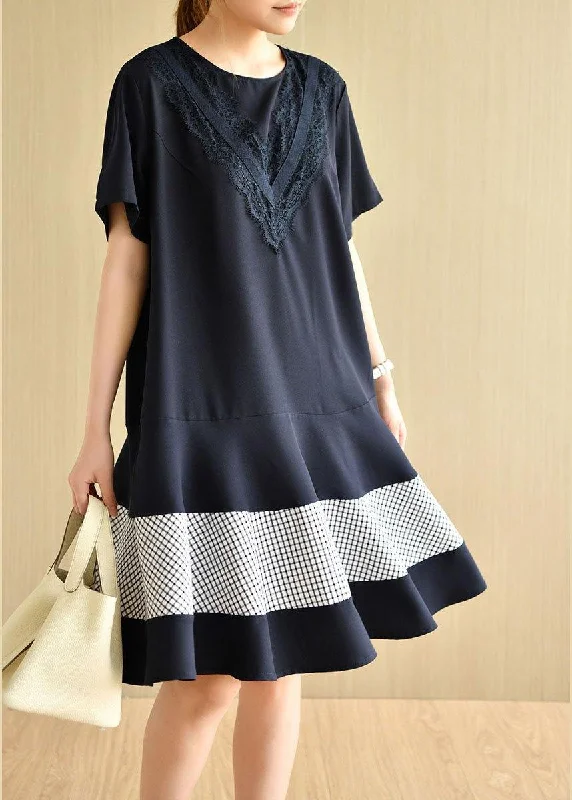 End Of Season Sale French Navy O-Neck Patchwork Plaid Summer Vacation Dresses Short Sleeve