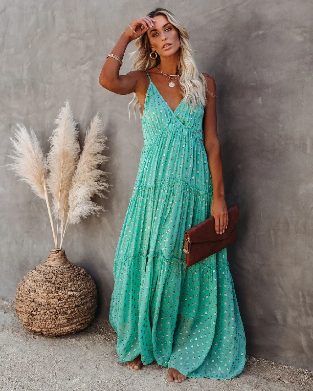 Flash Sales Today Fathoms Below Adjustable Metallic Tiered Maxi Dress - Seafoam