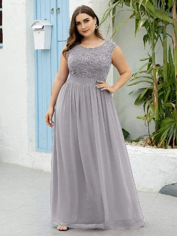 Fashion Sale Plus Size Classic Round Neck V Back A-Line Chiffon Bridesmaid Dresses with Lace