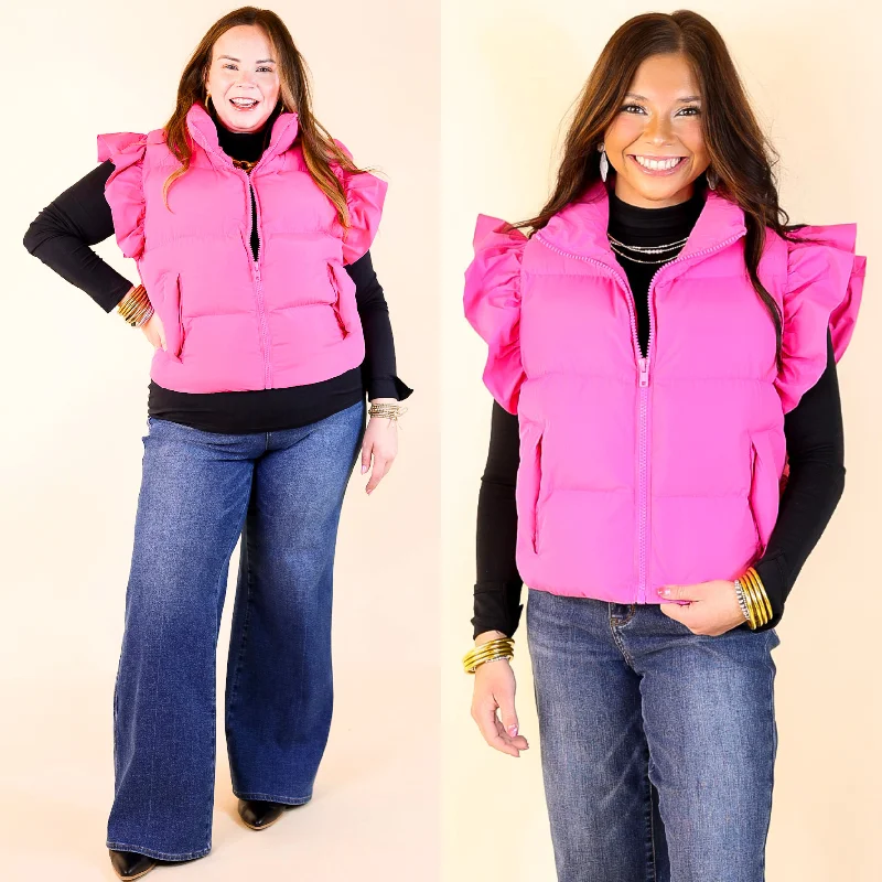 Comfort First Women's Fashion All Season Long Ruffle Sleeve Puffer Vest in Hot Pink