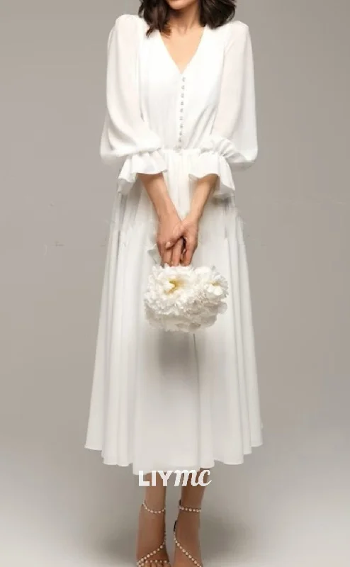 Casual Chic Clothing LW691 - V-Neck LOng Sleeves Knee-Length Sleek Satin Beach Wedding Dress