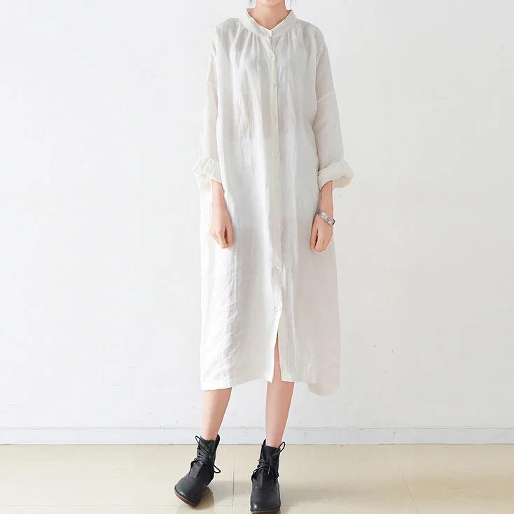 End Of Season Clearance Fine white Ramine linen dresses plus size 2024 fall linen shirt dress