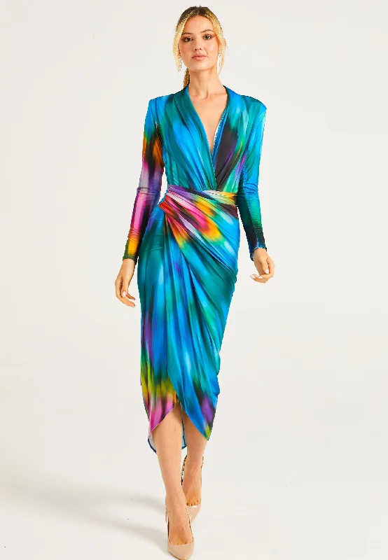 Best Online Clothing Boutiques Plunge Neck Faux Wrap Print Midi Dress in Tie Dye