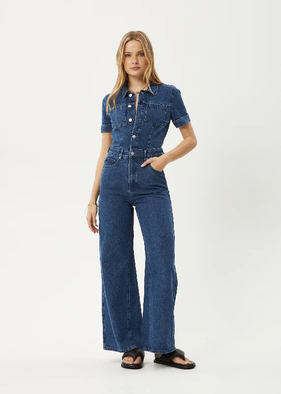 Chic And Trendy AFENDS Womens Miami - Denim Flared Leg Jumpsuit - Authentic Blue