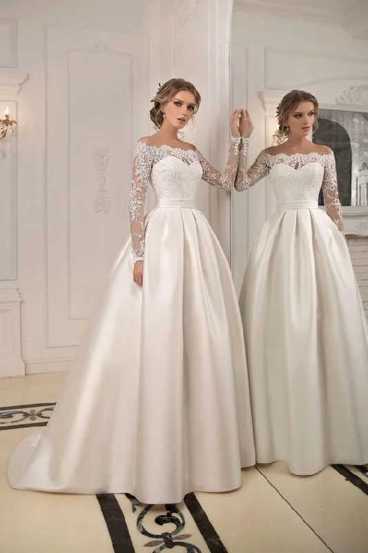 Snag Fabulous Fashion Bargains Classic Wedding Dresses O-Neck Full Sleeves Zipper Lace Applique Bride Gowns Illusion Sweep Train A-Line Satin Vestidos De Novia