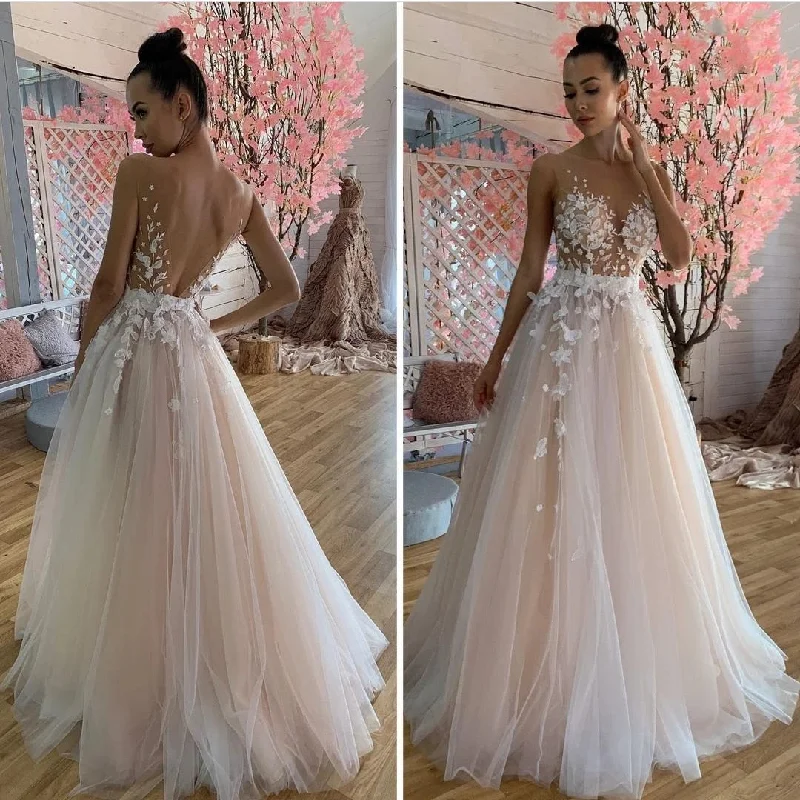 Trendy Women's Wear Collection Beach wedding Dress Flowers For Women A-Line Deep V-Neck Appliques Sleeveless Backless Tulle Floor Length Bridal Gowns