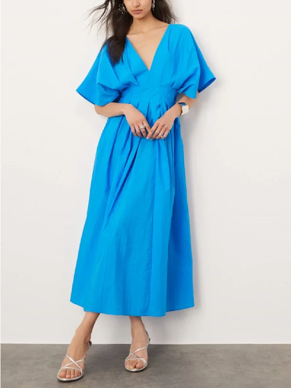 City Fashion V-Neck Short Sleeve Charming Midi Dress In Blue