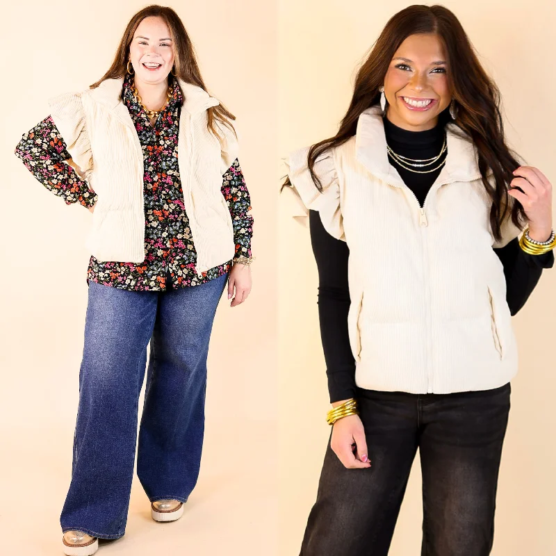 Effortless Everyday Wear Winter Wanderlust Corduroy Puffer Vest with Ruffle Sleeves in Cream