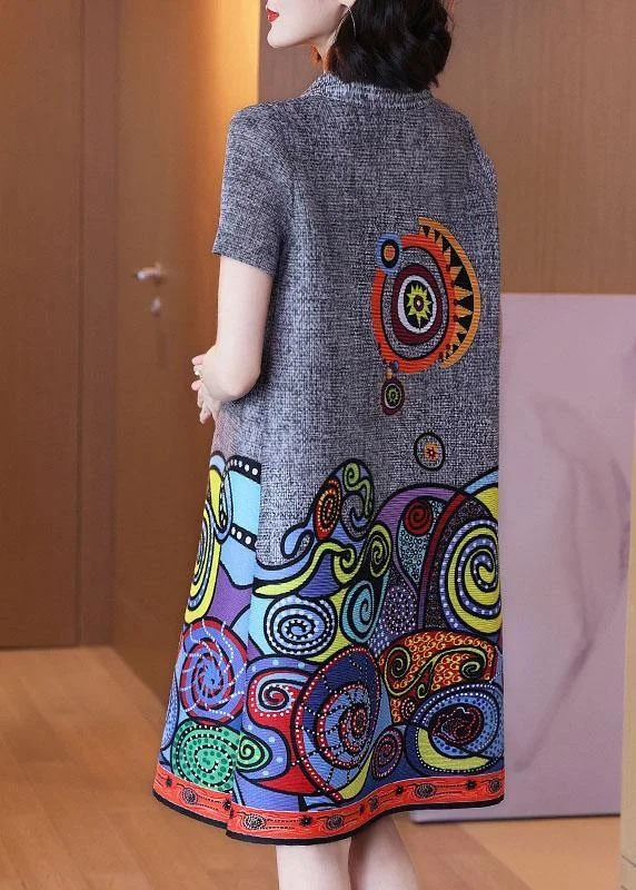 Holiday Special Offers Simple Grey Print Peter Pan Collar Mandarin Collar tie Summer Dress