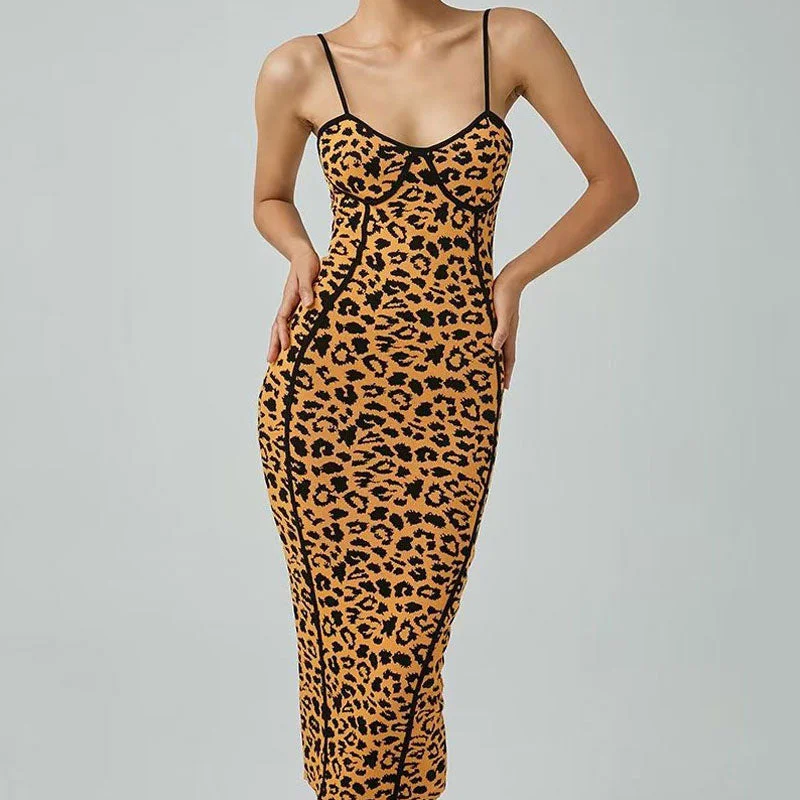 Holiday Glam Alluring Sleeveless Bodycon Leopard Sweater Midi Dress - Leopard