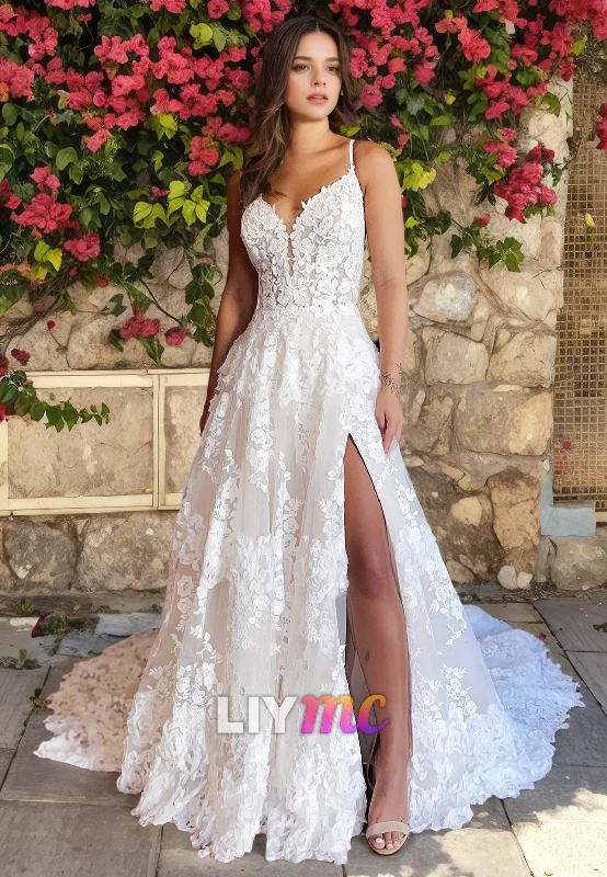 Casual Women's Clothing Online V-Neck Sleeveless Appliques High Slit A-Line Wedding Dress