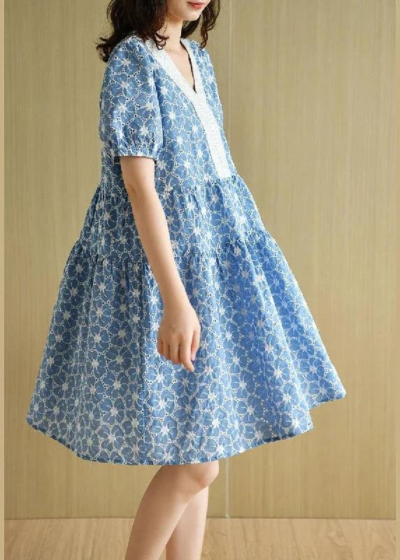 Fashion Forward Femininity Blue Patchwork V Neck Embroideried Summer Cotton Dress Short Sleeve